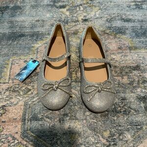 Girls Silver Glitter Mary Jane Ballet Flats with Rhinestone Strap and bow